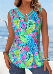 Cyan Tummy Coverage Paisley Print Sleeveless Tank Top