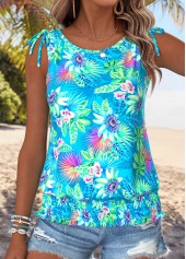 Cyan Bowknot Tropical Plants Print Sleeveless Tank Top
