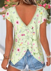 Green Floral Print Bowknot Short Sleeve T Shirt