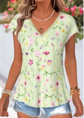 Green Floral Print Bowknot Short Sleeve T Shirt | thumb picture 