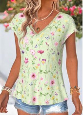 Green Floral Print Bowknot Short Sleeve T Shirt | thumb picture 