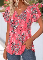 Coral Curved Hem Floral Print Short Sleeve T Shirt | thumb picture 