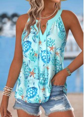 Light Blue Curved Hem Marine Life Print Tank Top | thumb picture 