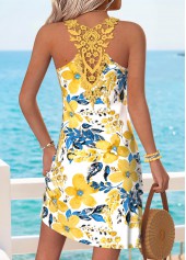 Yellow Floral Print Short Tummy Coverage Strappy Dress