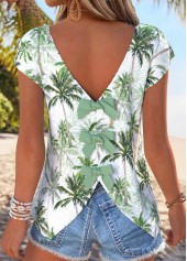 Light Green Tummy Coverage Tropical Plants Print T Shirt