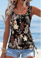 Black Tummy Coverage Leaf Print Sleeveless Tank Top