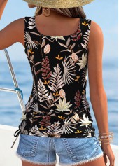Black Tummy Coverage Leaf Print Sleeveless Tank Top | thumb picture 