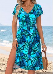 Multi Color Tummy Coverage Tropical Plants Print Dress