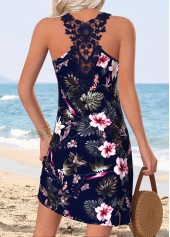 Navy Tummy Coverage Floral Print Short Sleeveless Dress