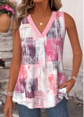 Pink Tummy Coverage Geometric Print Sleeveless Tank Top