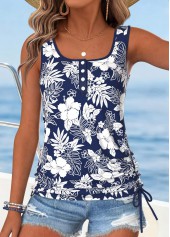 Navy Tummy Coverage Tropical Plants Print Sleeveless Tank Top