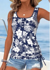 Navy Tummy Coverage Tropical Plants Print Sleeveless Tank Top | thumb picture 
