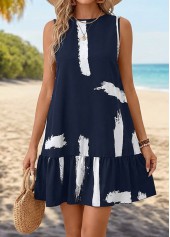 Navy Tummy Coverage Geometric Print Short Sleeveless Dress | thumb picture 