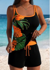 Tummy Coverage Mid Waisted Leaf Print Orange Tankini Set | thumb picture 