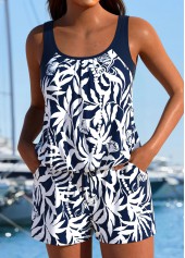 Tummy Coverage Tropical Plants Print Navy One Piece Swimwear