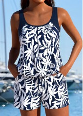 Tummy Coverage Tropical Plants Print Navy One Piece Swimwear | thumb picture 
