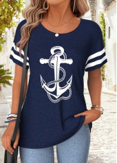Navy Tummy Coverage Geometric Print Short Sleeve T Shirt