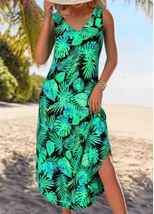 Black Tummy Coverage Leaf Print A Line Sleeveless Dress