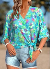 Cyan Patchwork Marine Life Print Half Sleeve Blouse | thumb picture 