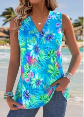 Cyan Marine Life Print Sleeveless V Neck Tank Top