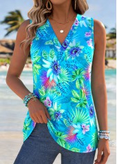 Cyan Marine Life Print Sleeveless V Neck Tank Top | thumb picture 