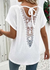 White Patchwork Short Sleeve V Neck T Shirt