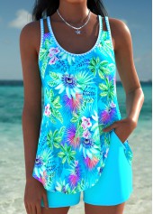 Curved Hem Cyan Tropical Plants Print Tankini Set
