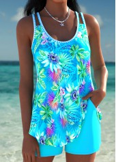 Curved Hem Cyan Tropical Plants Print Tankini Set | thumb picture 