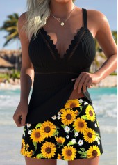 Patchwork Mid Waisted Sunflower Print Black Tankini Set