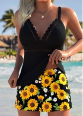 Patchwork Mid Waisted Sunflower Print Black Tankini Set | thumb picture 