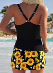 Patchwork Mid Waisted Sunflower Print Black Tankini Set | thumb picture 
