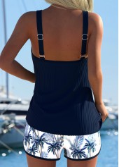 Patchwork Mid Waisted Tropical Plants Print Navy Tankini Set | thumb picture 