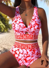 Red High Waisted Floral Print Bikini Set