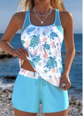 Tummy Coverage Mid Waisted Marine Life Print Tankini Set