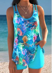 Tummy Coverage Mid Waisted Marine Life Print Tankini Set