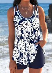 Tummy Coverage Mid Waisted Tropical Plants Print Tankini Set