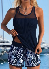 Tummy Coverage Mid Waisted Tribal Print Navy Tankini Set