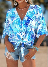 Blue Leaf Print Half Sleeve V Neck Blouse