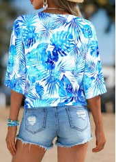 Blue Leaf Print Half Sleeve V Neck Blouse | thumb picture 