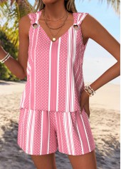 Pink Tummy Coverage Striped Sleeveless V Neck Tank Top