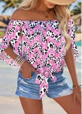 Pink Tie Leopard Half Sleeve Off Shoulder Blouse