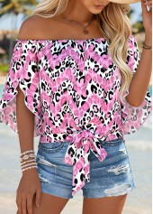Pink Tie Leopard Half Sleeve Off Shoulder Blouse | thumb picture 