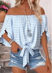 Light Blue Tummy Coverage Plaid Half Sleeve Blouse