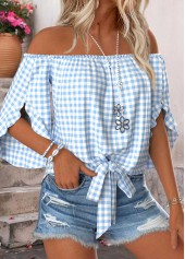 Light Blue Tummy Coverage Plaid Half Sleeve Blouse | thumb picture 