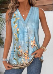Dusty Blue Tummy Coverage Random Floral Print Tank Top
