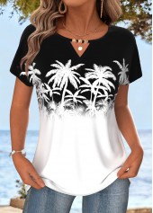 White Tummy Coverage Tropical Plants Print T Shirt
