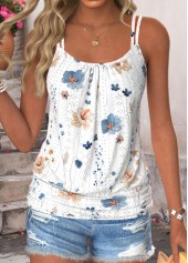 White Tummy Coverage Floral Print Strappy Camisole Top