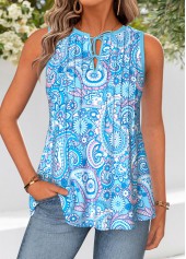 Blue Tie Paisley Print Sleeveless Split Neck Tank Top