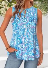Blue Tie Paisley Print Sleeveless Split Neck Tank Top | thumb picture 