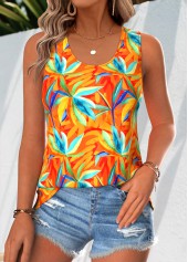 Orange Floral Print Sleeveless Round Neck Tank Top | thumb picture 